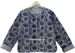 Indian Hand Block Print Fabric Quilted Short Jacket Indigo Short Kantha Kimono For Women Coat New Style Floral Blazer