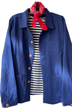 60s Style French Navy Blue Indigo Cotton Twill Canvas Chore Jacket - Wooden Buttons - Various Sizes