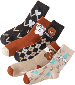 5 Pairs Women's Multi-Color Teddy Bear Pattern Thermal Lined Thick Crew Socks For Autumn/Winter