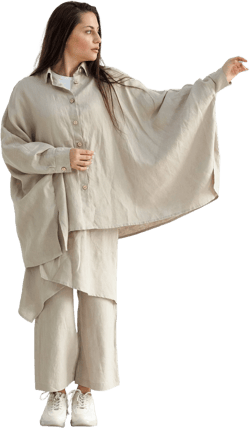 Boho Linen Poncho Shirt for Womeт Plus Size Beige Asymmetric Top