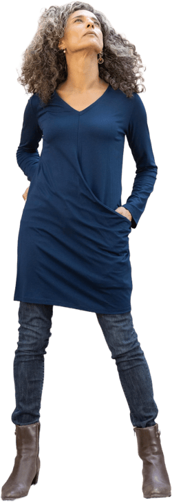 Dark Blue Loose A-Line Pullover Tunic Top, Long Sleeves Draped Tunic for Women, Bohemian Hippie Winter Solid Color Tunic Dress with Pocket