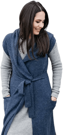 Alpaca wool vest with hood and pockets, blue long sleeveless sweater with belt, knit hooded coat for women, gray, beige, white wrap