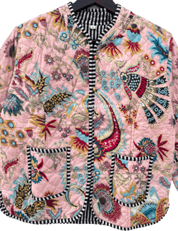 Cotton Handmade Kantha Jacket, Patchwork Womens Clothing Quilted Reversible Coat Kimono Indian Hand Printed Vintage Boho Vest Christmas Gift