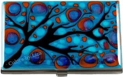 Business Card Case Hand Painted Enamel Turquoise and Red Blossom Inspired Metal Wallet Custom Colors and Personalized Options