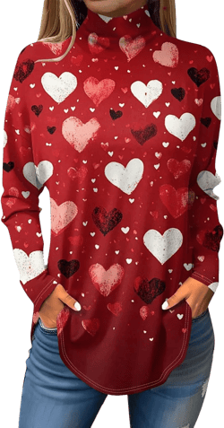Valentines Shirts Long Sleeve Curved Hem Cotton Turtle Necks Tops Valentines Heart Sweatshirt Womens Tunic Tops to Wear with Leggings Spring Clothes Mock Neck Valentines Day Blouses Red 2X 3X