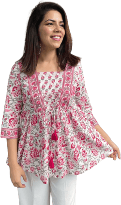 Hand block print Women&#39;s Short Cotton Printed Top| Indian Cotton Women’s kurti| White & Pink Floral Kurti top| Jaipuri print Tunic blouse