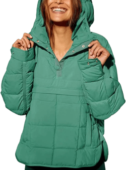 Women's Pullover Puffer Jacket Hooded Oversized Lightweight Quilted Jacket Winter Warm Padded Coat Green Small