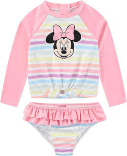 Disney Minnie Mouse Girls UPF 50+ Rash Guard & Bikini Bottom Two Piece Swimsuit Set for Toddlers to Little Kids