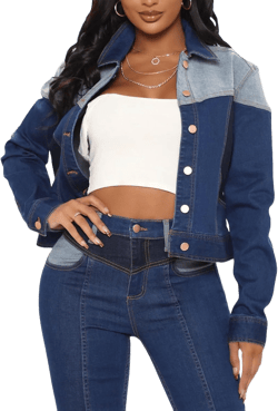SOMTHRON Women's Patchwork Denim Jeans Outfits Color Block Crop Jeans Coat Spring Fall Outerwear Jacket 3X-Large Blue