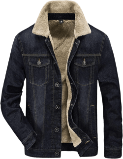 Men's Button Up Denim Jacket Fur Collar Denim Winter Biker Coat Fleece Lined Windproof Cowboy Outerwear Large Black