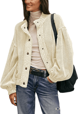 Cardigan Jacket for Women Loose Fit Ribbed Knit Trim Casual Jacket Shacket with Pockets Beige Small