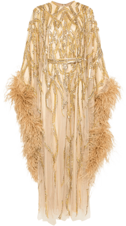 feather-trim beaded gown