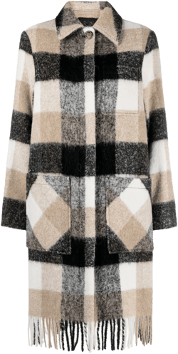 plaid-check fringed-hem coat