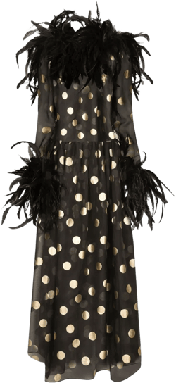 feather-trim polka-dot dress