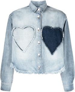 heart-appliqué frayed denim shirt