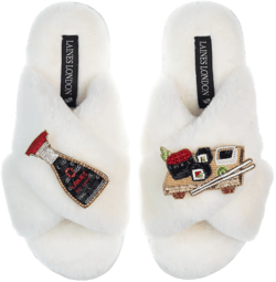 Women's White Classic Laines Slippers With Sushi & Soy Sauce Brooches - Cream