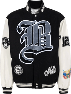 Brooklyn Nets Block Letter Wool Blend Varsity Jacket In Black White