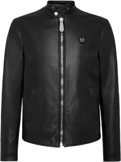 logo-patch leather jacket