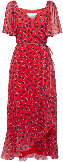 Heart-print Flutter-sleeve Wrap Midi Dress With Ruffle Hem In Poppy Multi