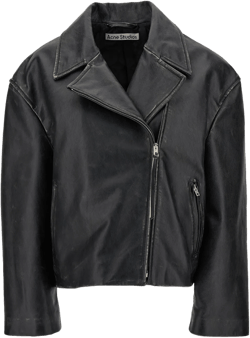 Black Biker Jacket In Vintage Looking Leather Woman
