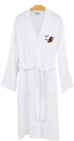 Turkish Cotton Smyrna Hotel/spa Embroidered Unisex Halloween Robe - Pumpkin Head In White