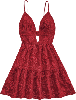 SHEIN WYWH Plus Size Women's Holiday V-Neck Spaghetti Strap Red Jacquard Textured Open Back A-Line Mini Dress, Elegant & Fashionable Party Dress For Autumn/Winter,Red Women Dress,New Years Outfit,Elegant Women Dress,Winter Women Clothes,New Years Eve Outfit,Western Women Outfit,Party Women Outfit,Festival Outfit,Sexy Women Outfit,Christmas Outfit,Holiday Women Outfit