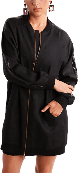 Long Linen Bomber Jacket in Black