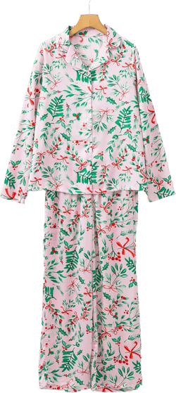 Pink pajama set with long sleeves in satin printed plants and Christmas berries