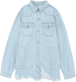 Sky blue denim jacket with flap pocket and buttoned raw hem