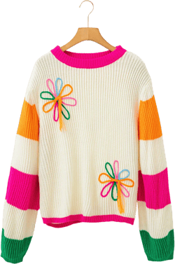 Ample twisted knit sweater with floral print color block beige