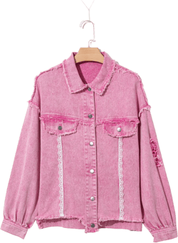 Pink Lace Distressed Buttoned Denim Jacket