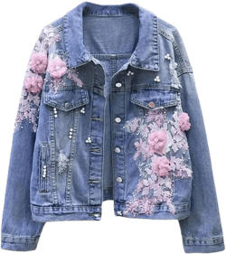 Women's Denim Jackets Embroidery Flower Hole Spring Autumn Short Casual Jean Coats X-Large Pink