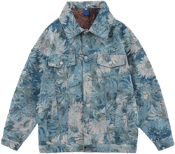 Floral Jacquard Denim Jackets Men Oversized Men's Jean Jacket Couple Clothing Medium Blue
