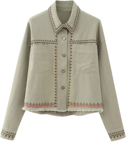 Kwoki Women's Embroidered Denim Shirt Long Sleeve Lapel Button Tassel Hem Jean Jacket with Pockets X-Large Army Green