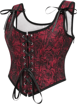 SHYMMUO Women's Gothic Rose Corset Vest – Red and Black Floral Brocade Lace-Up Corset Top with Shoulder Ties, Renaissance Bustier M