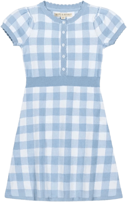 Hope & Henry Girls' Organic Short Sleeve Button Front Sweater Dress, Classic Blue Gingham, 8