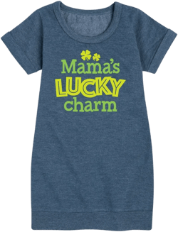 Girls' Instant Message St. Patrick's Day Mama's Lucky Charm Graphic Short Sleeve Fleece Dress - Heather Navy - Large