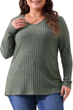 Agnes Orinda Women's Plus Size V-Neck Long Sleeve Basic Ribbed Pitted Brushed Casual Tunic Blouses Green 4X