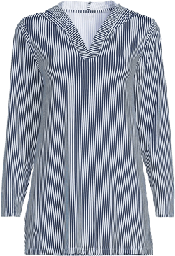 Lands' End Women's Petite SunShade UPF 50 Hooded Mini Swim Swim Cover-Up Dress - Medium - Deep Sea Navy Mini Stripe