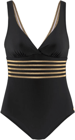 Women's Strappy Tummy Control One Piece Swimsuit - LASCANA - Black & Gold Solid 38D