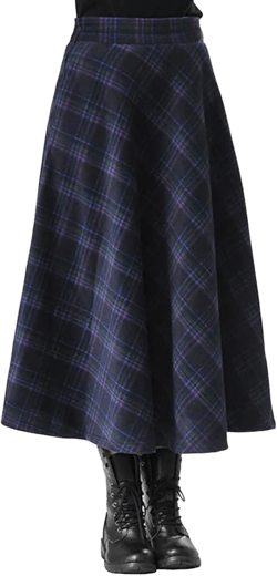 Women’s Plaid Long Wool Skirt High Waist A-Line Pleated Maxi Skirt with Pockets