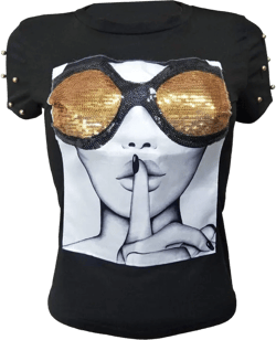 PESION Womens Short Sleeve T-Shirt Sequined Tops O-Neck Funny Graphic Tees Blouse