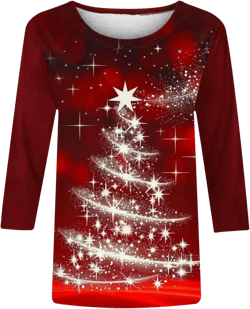 Christmas Shirts for Women 3/4 Sleeve Sparkle Glitter Xmas Tree Print Pullover Tops Fashion Holiday Christmas Clothes