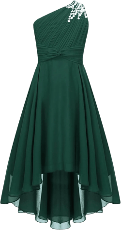 JEYPINMI Kids Flower Girl One Shoulder High Low Dress Sequin Ruched Chiffon Junior Girls Bridesmaid Dress Army Green 12 Years