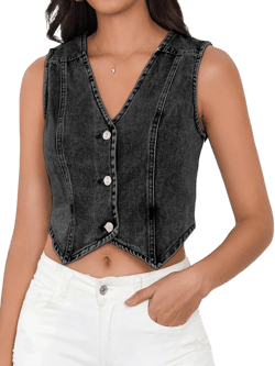 SHENHE Women's Denim Vest Button Down Sleeveless Jean Vest Top Y2K Cropped Denim Jacket Country Fashion Western Clothes X-Small Black