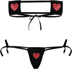 Women Bikini Kawaii Heart Embroidery Bandeau Swimsuit Tiny String Sliding Top Tie Side Thong Anime Cosplay Lingerie Set
