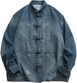 Chinese Style Tang Suit Washed Denim Top Stand Collar Denim Jacket Men's Casual Cotton Coat 3X-Large Dark Blue