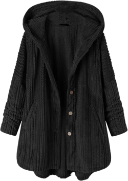 Women's Winter Coats Fuzzy Fleece Long Hooded Jackets Button Lightweight Warm Oversized Outwear A Line Teddy Coat Black 4X-Large