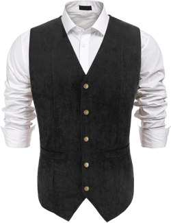 Men's Suede Leather Suit Vest V Neck Artificial Retro 5 Button Regular Vest Cowboy Style Sleeveless Jacket Black Large