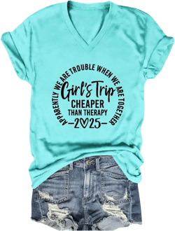 Girls Trip T Shirts for Women 2025 Funny Graphic V Neck Tshirt Casual Short Sleeve Tees Tops Soft Cotton T-Shirts Light Blue Small